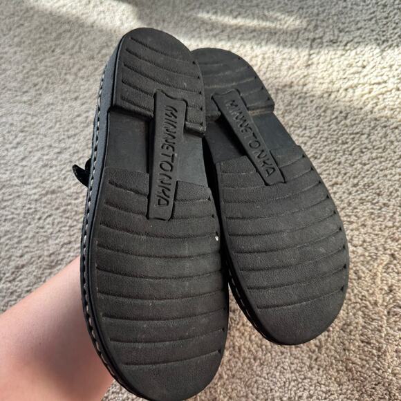 Minnetonka Black Leather Platform Slides Slip On Sandals Women's Size 9 Open Toe - Picture 5 of 11